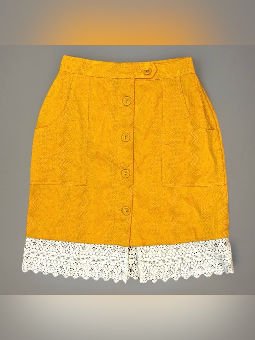 Tularosa Revolve Gold Vintage Button Up Embroidered Boho Skirt w Lace Sz S